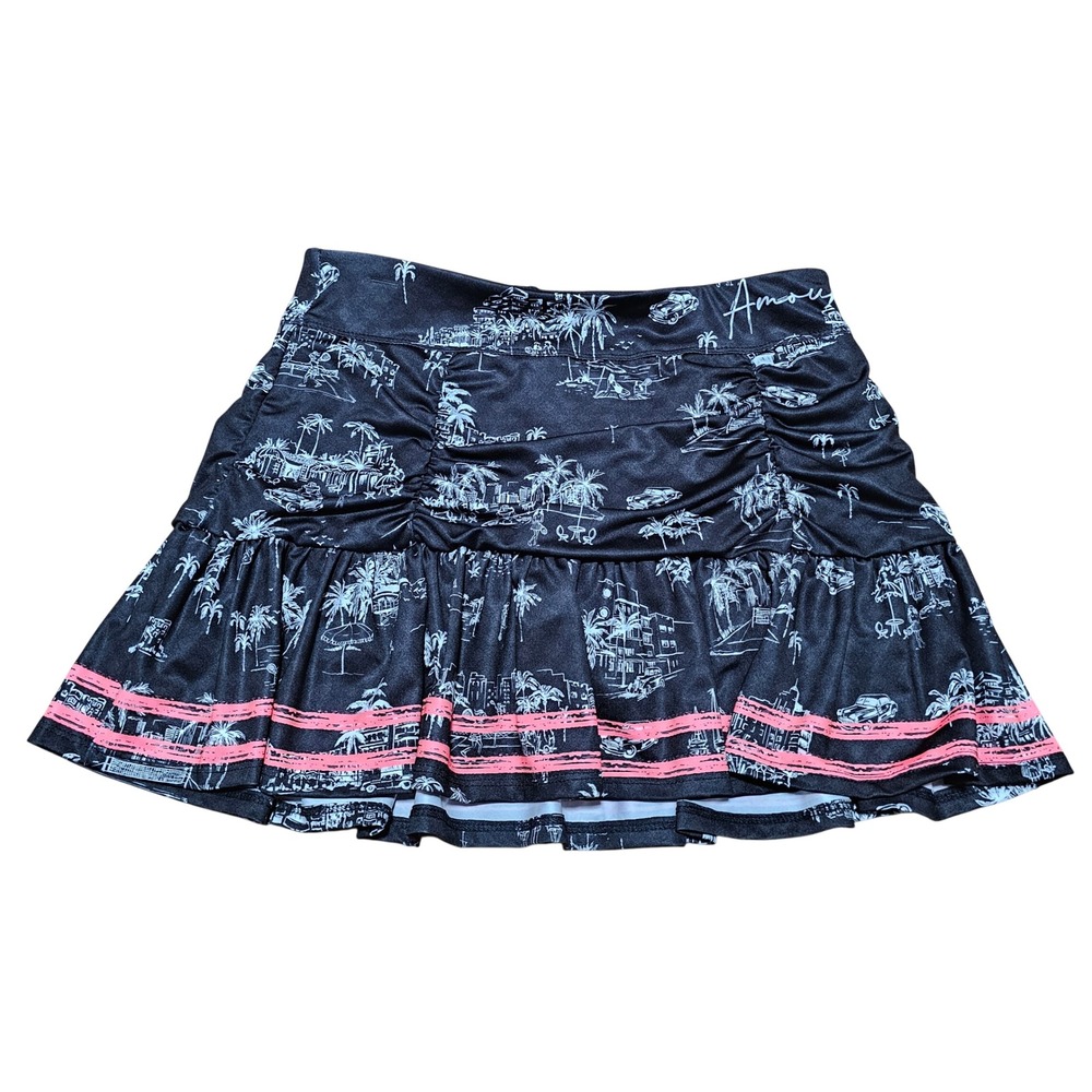 Lucky in Love Tennis Skort Women S Black Tropical Toile‎ Ruched Ruffle